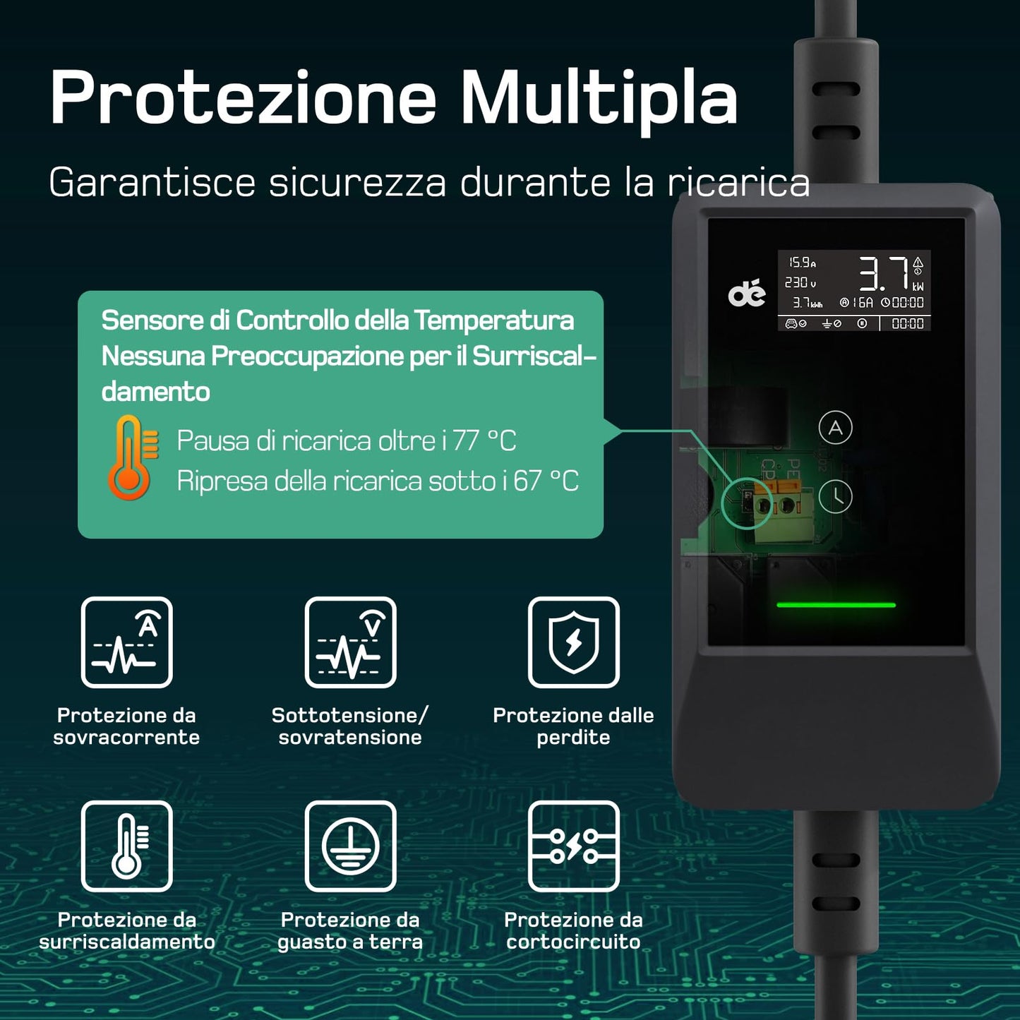 dé Cavo Ricarica Auto Elettrica Tipo 2 Schuko 3,7kW 5,5m Ricarica Auto Elettrics BYD e altri