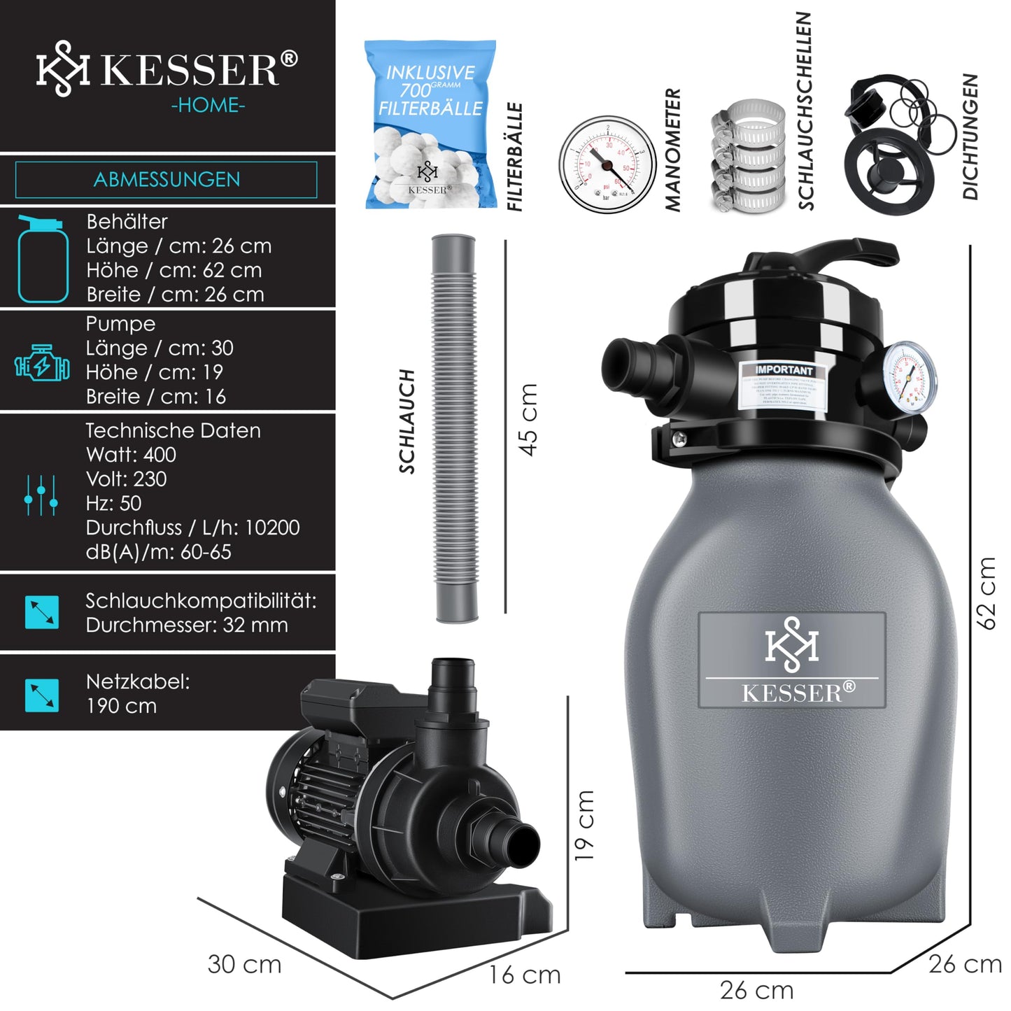 KESSERยฎ Filtro a Sabbia - Sistema di filtraggio a Sabbia + 700 g di Sfere filtranti sostituiscono