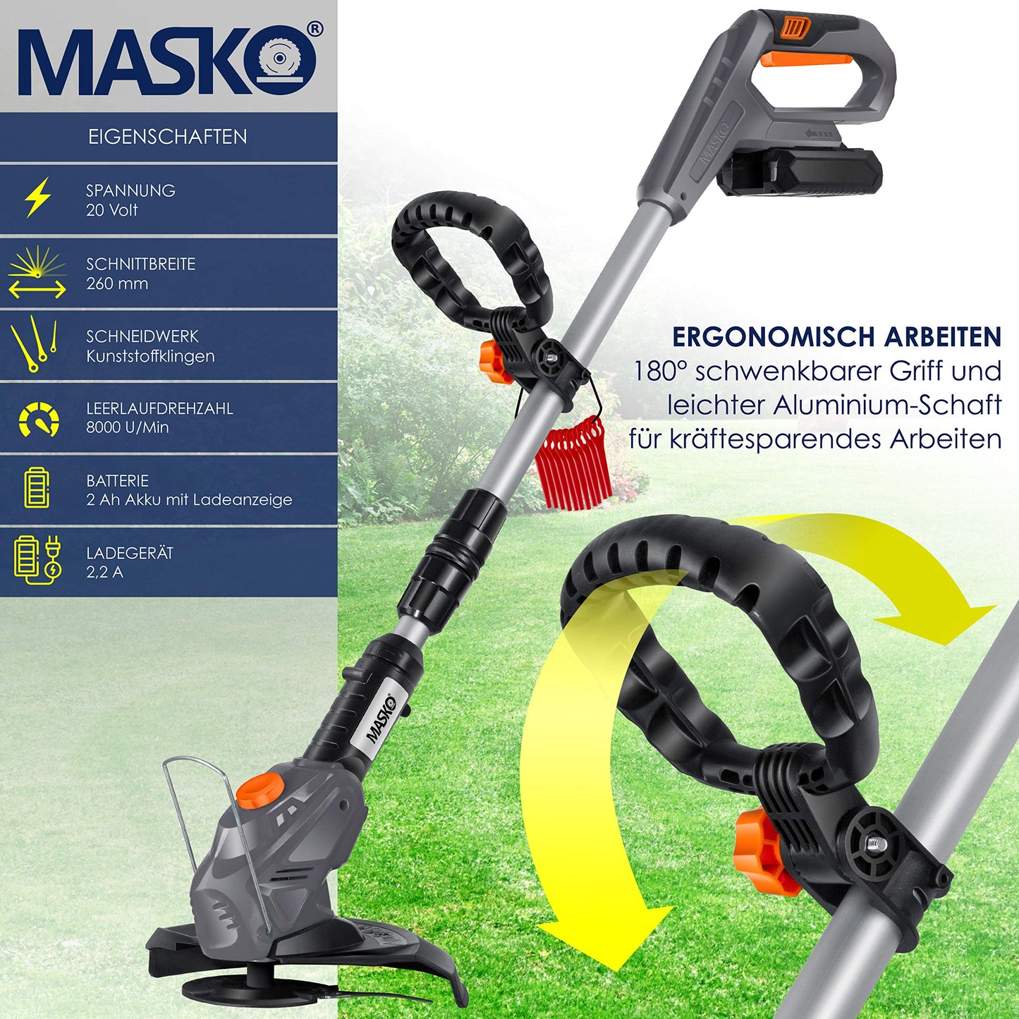 Masko Tagliaerba a Batteria 2,0 Ah tagliabordi - decespugliatore