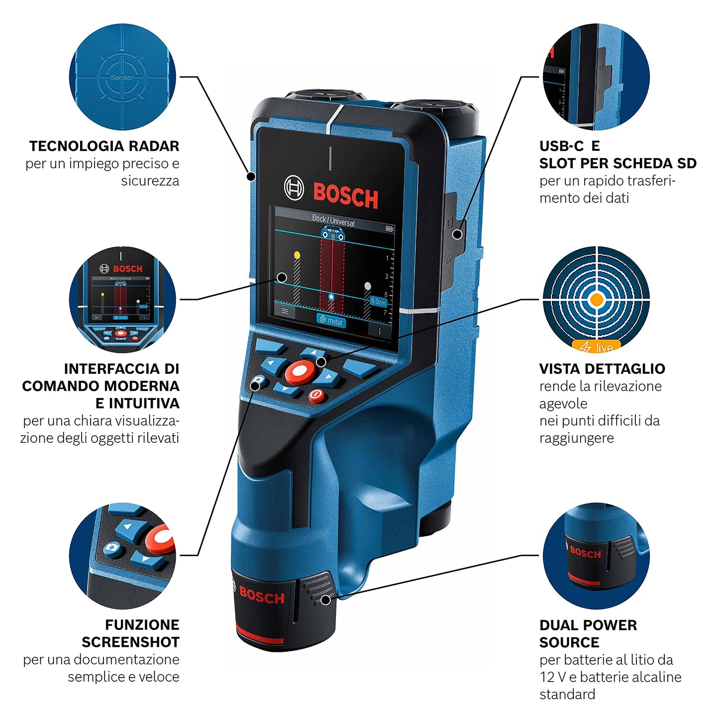 Bosch Professional 12V System Wall Scanner D-tect 200 C,senza batteria e caricabatteria, rilevamento cavi non/sotto tensione, metallo, tubi di plastica, montanti in legno e cavità, cavo USB-C, L-BOXX