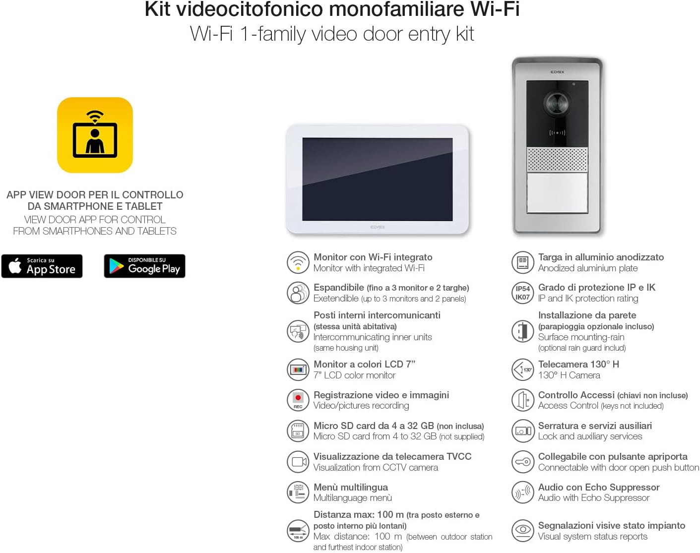 Vimar K42955 Kit videocitofono wifi monofamiliare, touch screen vivavoce Wi-Fi a colori LCD 7"