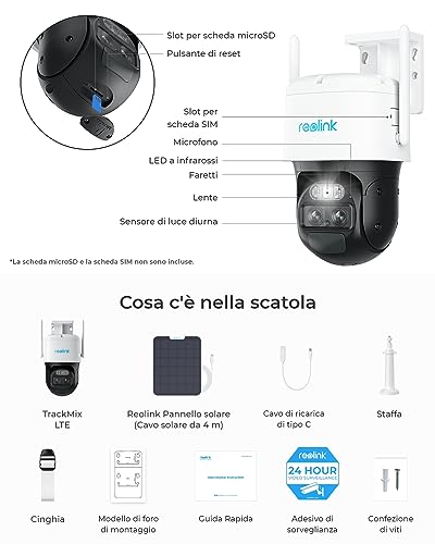 Reolink 4K 4G LTE Telecamera da Esterno a Batteria con Pannello Solare, Auto-Tracking, 355°Pan/90° Tilt TrackMix LTE