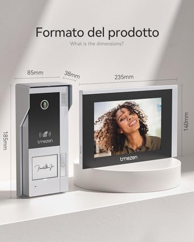 TMEZON Videocitofono WiFi 4 Fili Kit Smart Monofamiliare,7'' IP Monitor Touchscreen con 1080P Campanello Telecamera Esterno