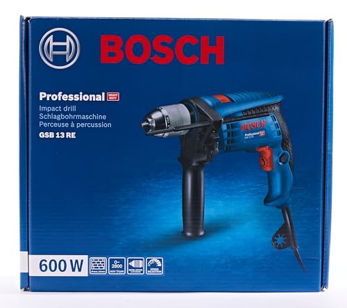 Bosch Professional Trapano con percussione GSB 13 RE (Motore da 600 Watt, incl. asta di profondità 210 mm, mandrino autoserrante 13 mm)