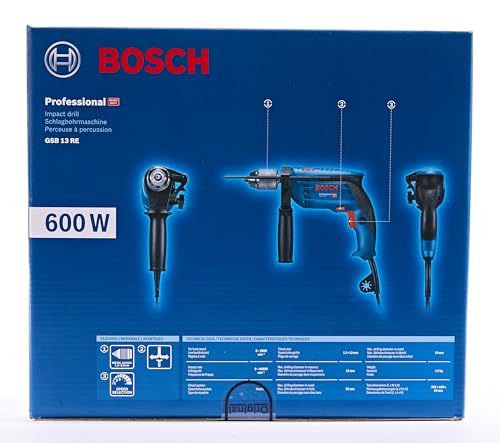 Bosch Professional Trapano con percussione GSB 13 RE (Motore da 600 Watt, incl. asta di profondità 210 mm, mandrino autoserrante 13 mm)