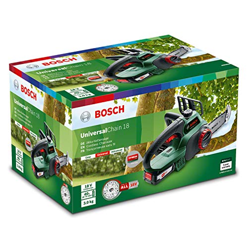 Bosch Motosega Elettrosega UniversalChain 18 (batteria da 2.5 Ah, caricabatteria, sistema SDS