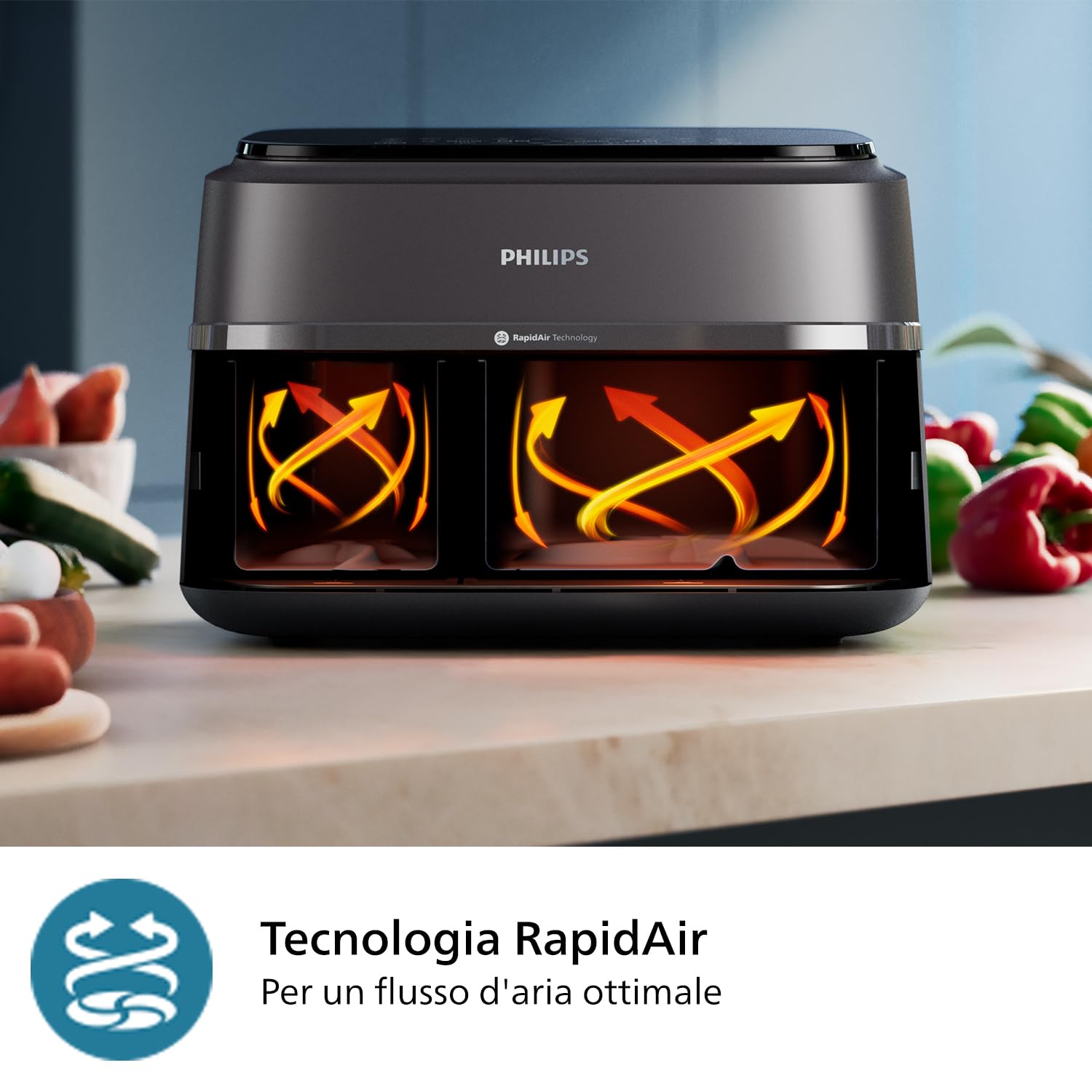 Philips Airfryer Serie 3000 con doppio cestello, 9L, Friggitrice ad aria con 2 cestelli, NA350/00