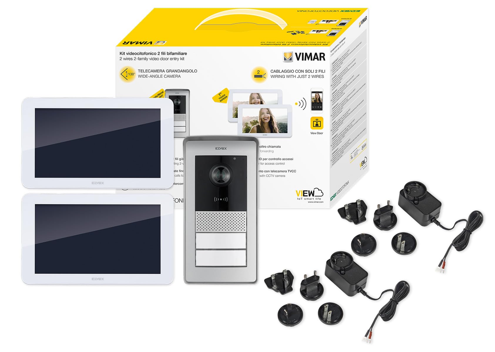 VIMAR K42946 Kit videocitofono WIFI multifamiliare, videocitofoni touch screen, targa lettore RFID 2 pulsanti,