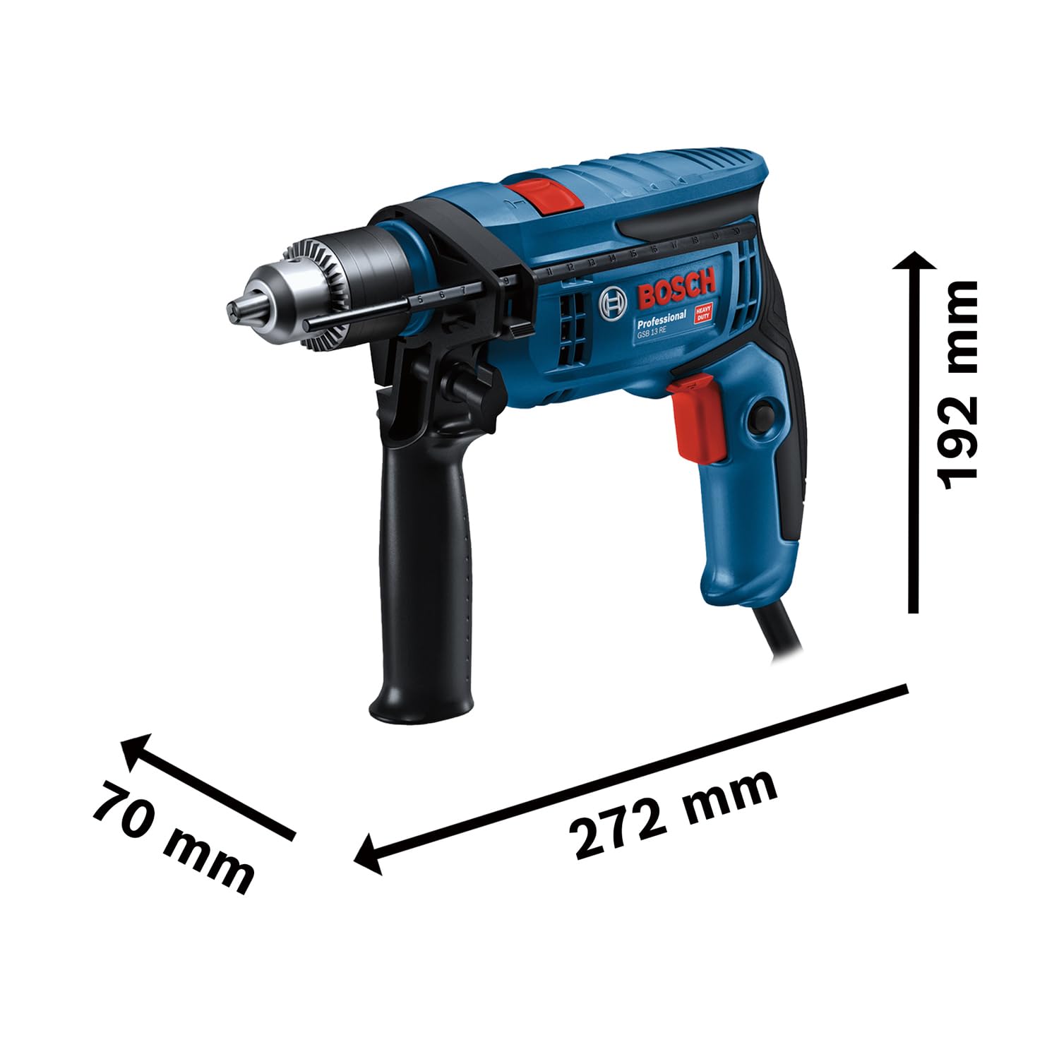 Bosch Professional Trapano con percussione GSB 13 RE (Motore da 600 Watt, incl. asta di profondità 210 mm, mandrino autoserrante 13 mm)