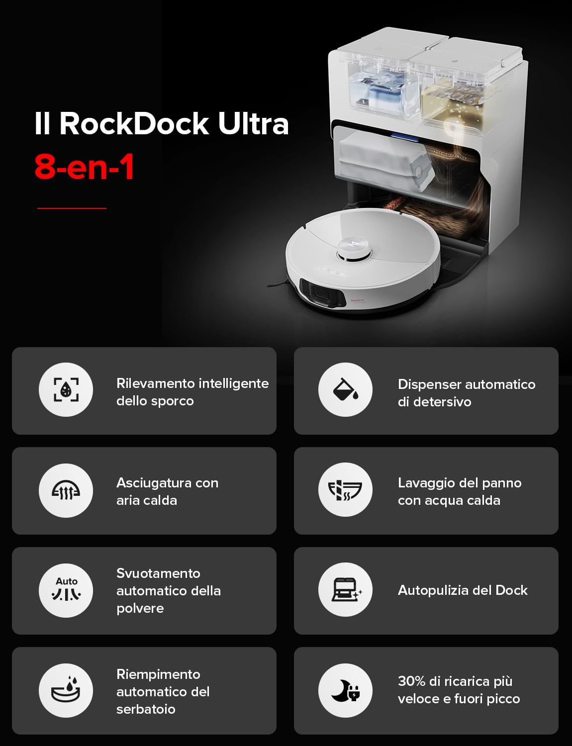 roborock S8 MaxV Ultra Robot Aspirapolvere e Lavapavimenti, RockDock Ultra 8-in-1 Stazione