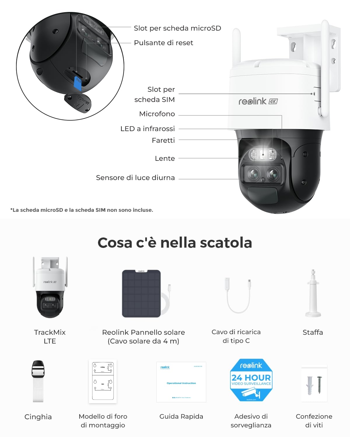 Reolink 4K 4G LTE Telecamera da Esterno a Batteria con Pannello Solare, Auto-Tracking, 355°Pan/90° Tilt TrackMix LTE