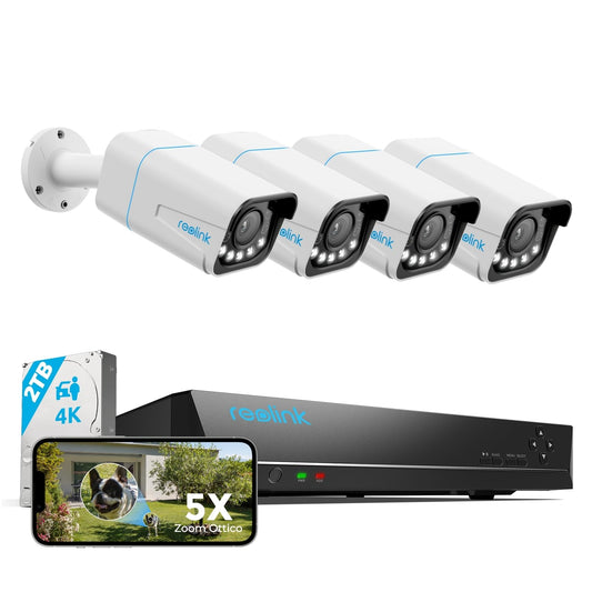 Reolink 4K PoE Kit Telecamere Videosorveglianza, Zoom Ottico 5X, NVR 8CH 2TB + 4x Telecamera RLK8-811B4