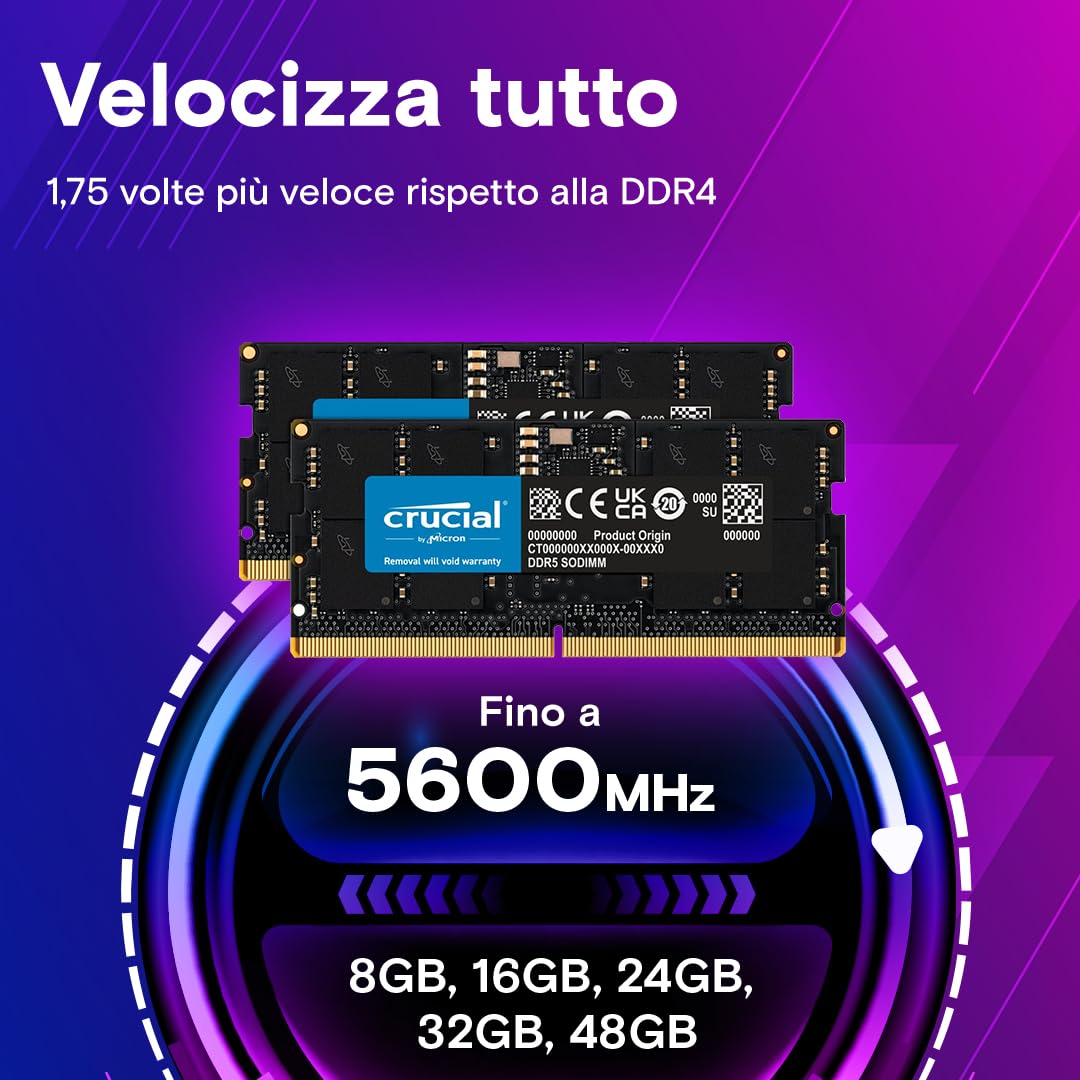 Crucial RAM 96GB Kit (2x48GB) DDR5 5600MHz (o 5200MHz o 4800MHz) Memoria per computer Portatili CT2K48G56C46S5