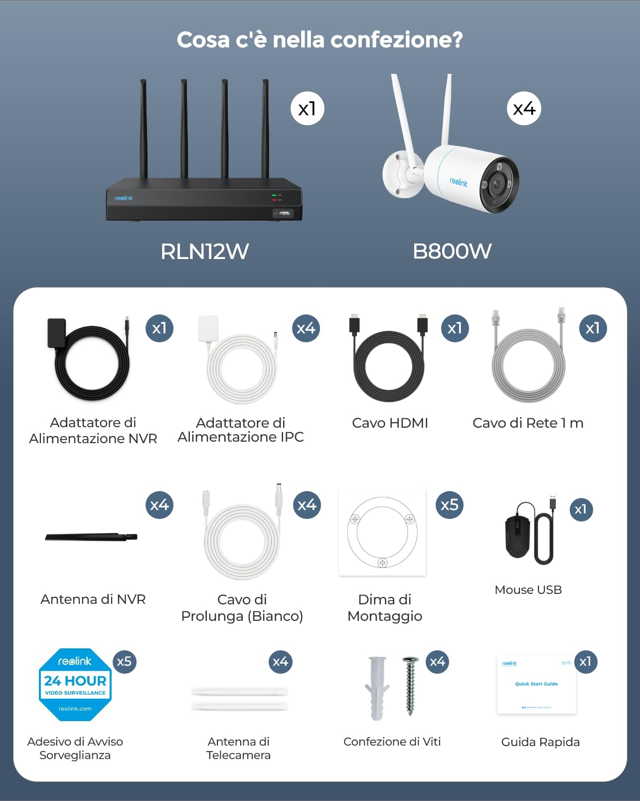 Reolink 4K Kit Videosorveglianza Wi-Fi 6, Telecamera Wi-Fi Esterno + NVR WiFi 12CH 2TB, RLK12-800WB4