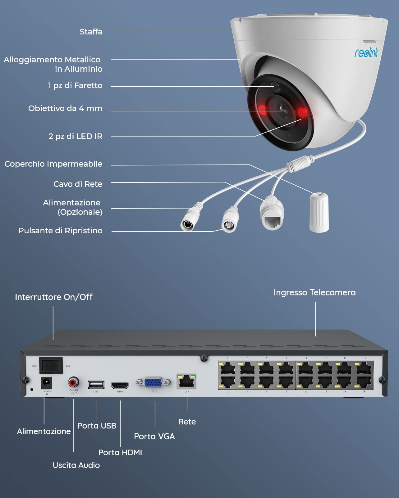 Reolink 12MP Kit Videosorveglianza PoE, NVR 16CH 4TB e 8x Telecamera Esterno Interno, RLK16-1200D8-A