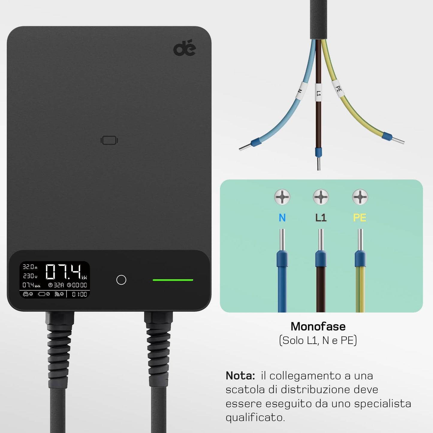 dé Wallbox 7,4kW Tipo 2 [10m, 6-32A, Monofase] Colonnina Ricarica Auto Elettrica con APP e RFID per byd e altri