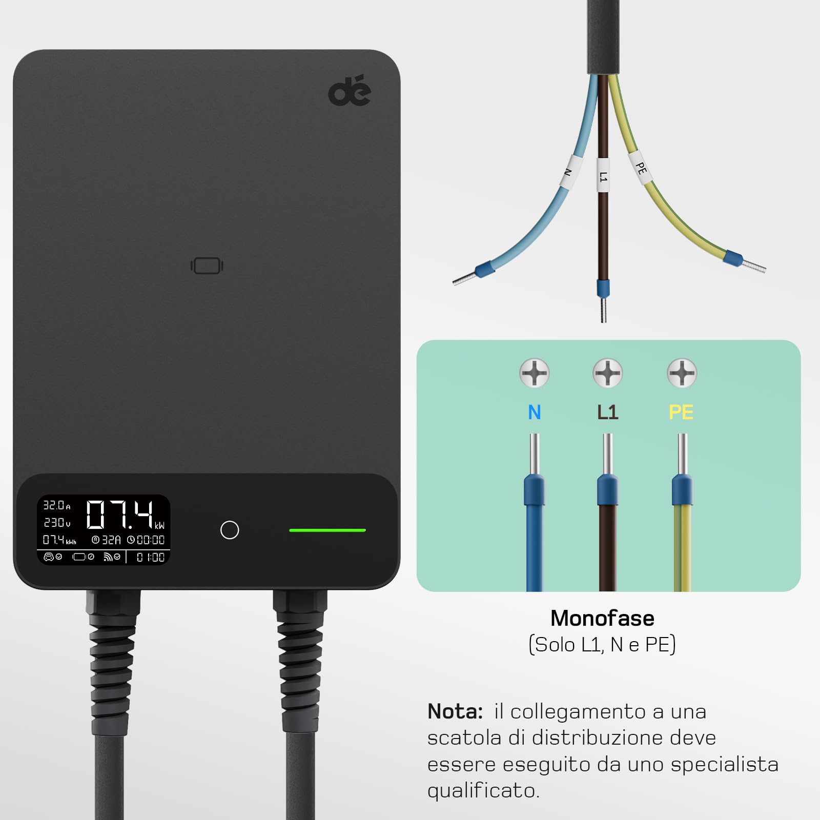 dé Wallbox 7,4kW Tipo 2 [10m, 6-32A, Monofase] Colonnina Ricarica Auto Elettrica con APP e RFID per byd e altri