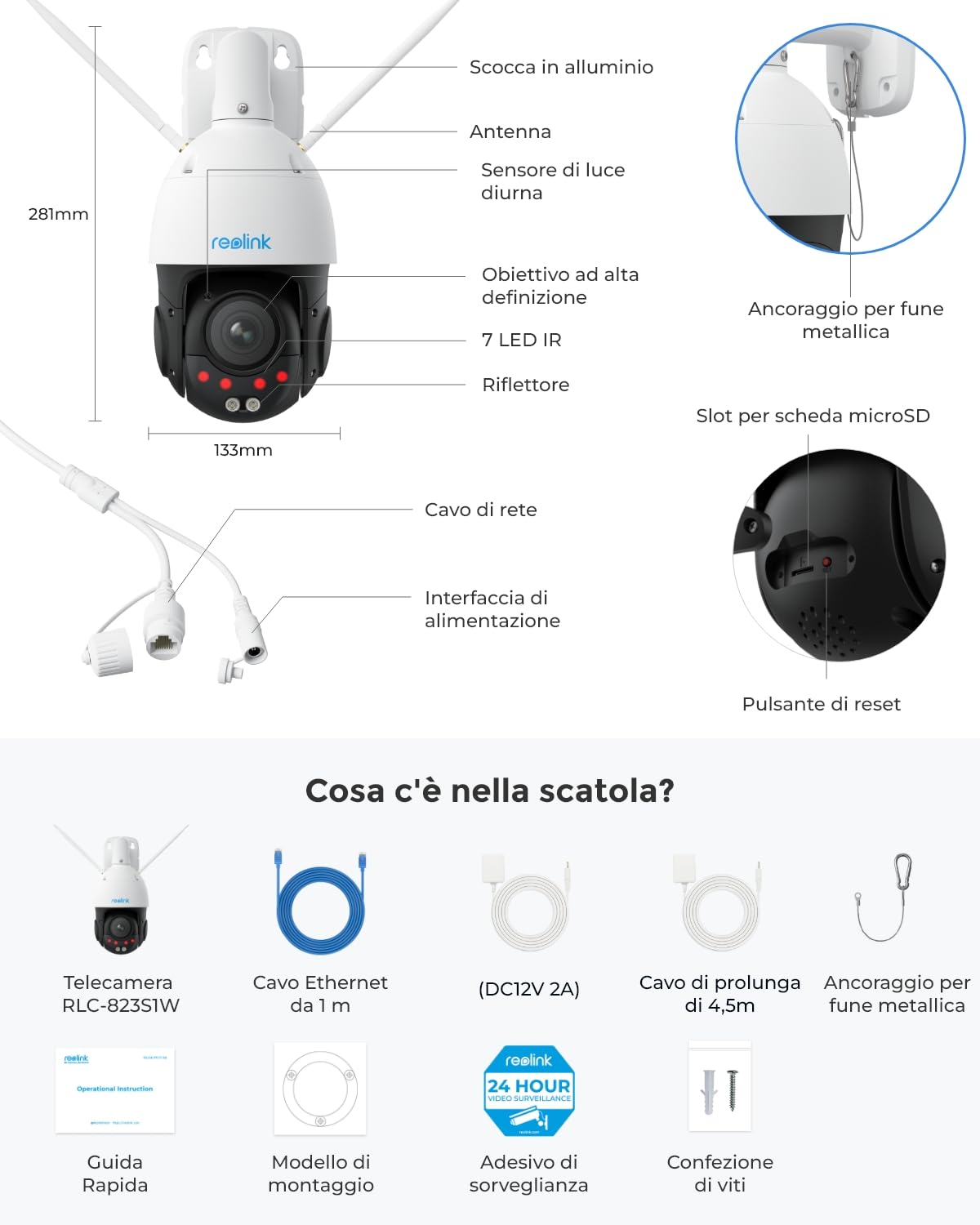 Reolink 4K 8MP Telecamera Wi-Fi Esterno con Zoom Ottico 5X, Pan 360° e Tilt 90° RLC-823S1W