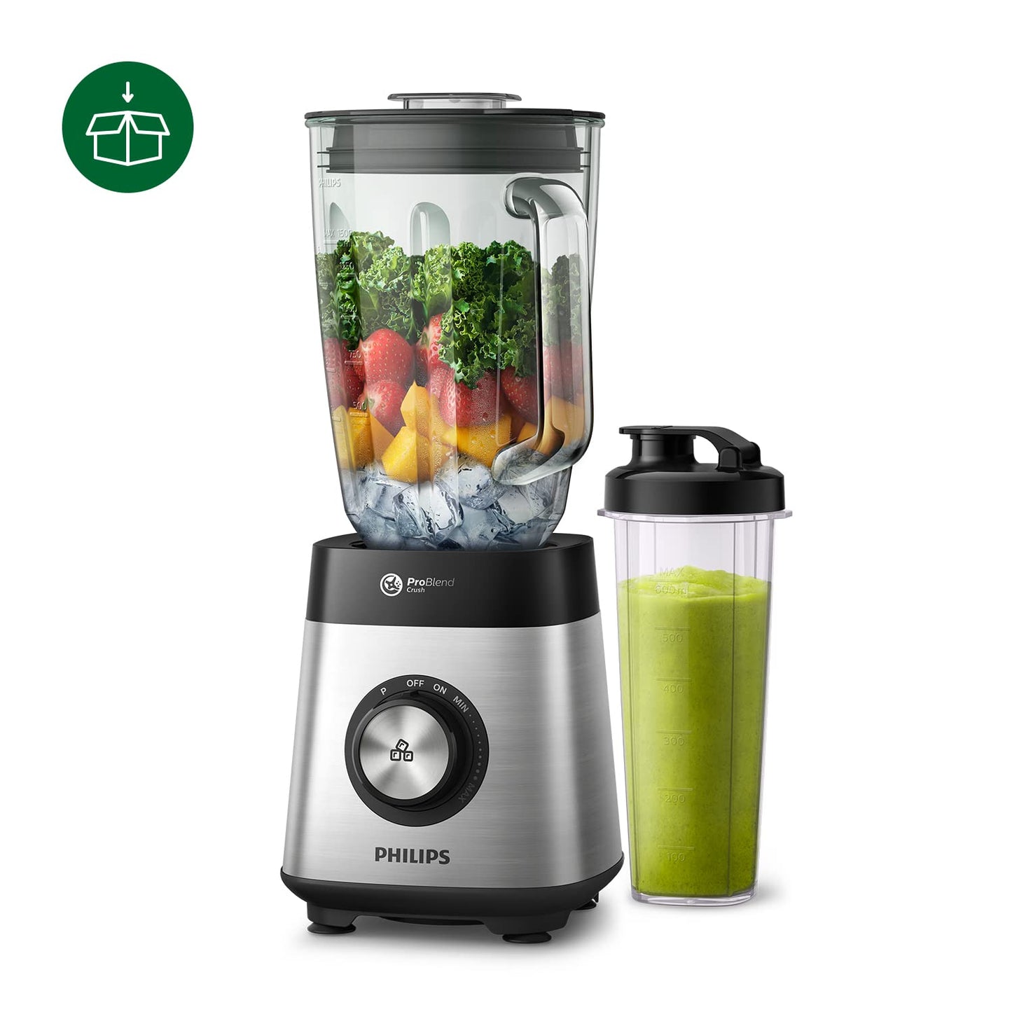 Philips Frullatore per Frullati e Smoothie - 1000W, Caraffa in Vetro da 2L, ProBlend Crush (HR3573/90)