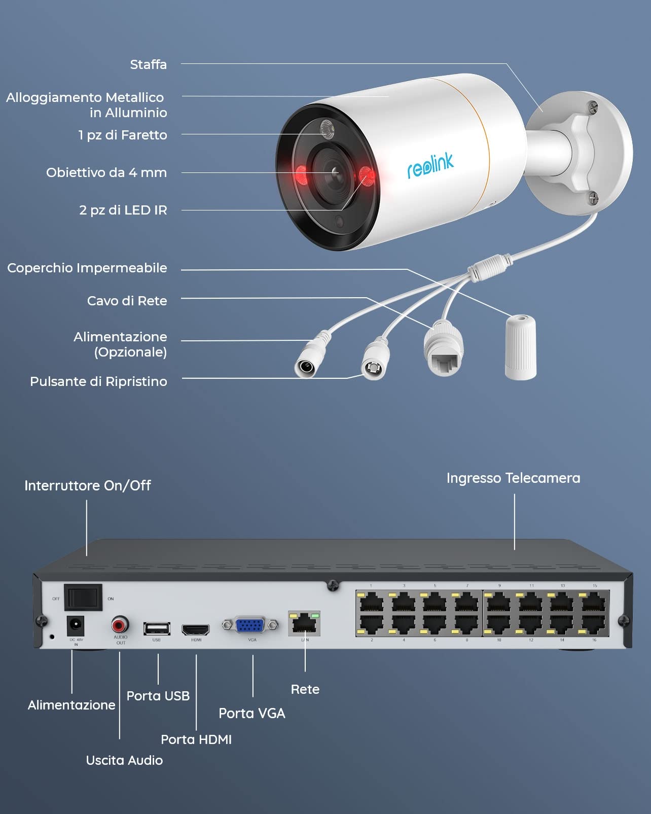 Reolink 12MP Kit Videosorveglianza PoE, NVR 16CH 4TB e 8x Telecamera Esterno Interno, RLK16-1200B8-A