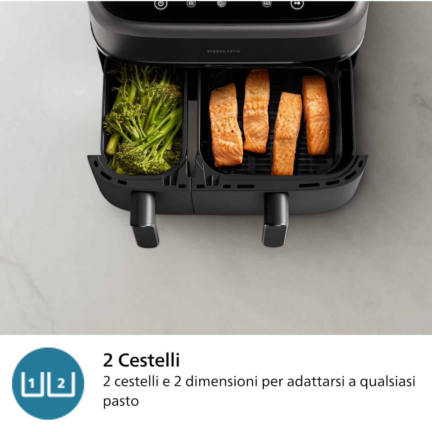 Philips Airfryer Serie 3000 con doppio cestello, 9L, Friggitrice ad aria con 2 cestelli, NA350/00