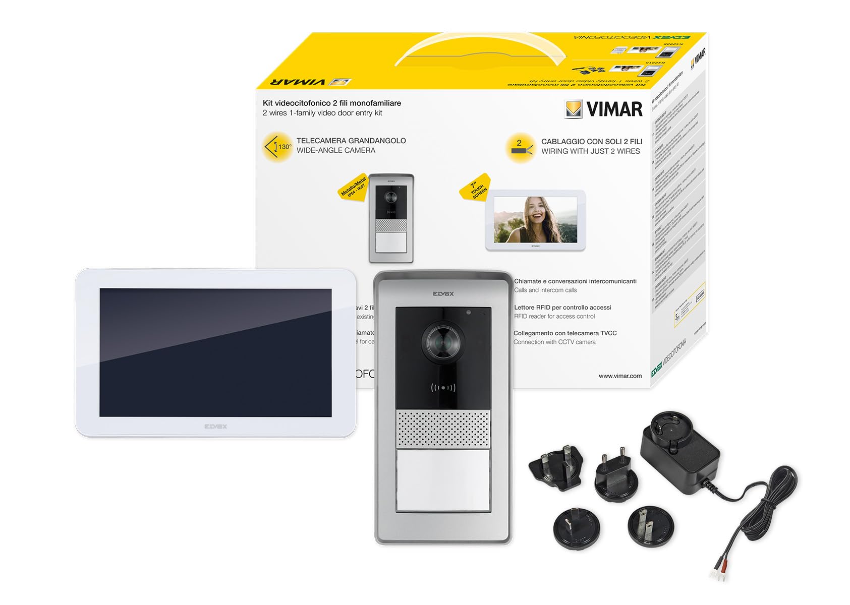 VIMAR K42915 Kit videocitofono monofamiliare, alimentatore multispina, touch screen, targa audiovideo RFID,