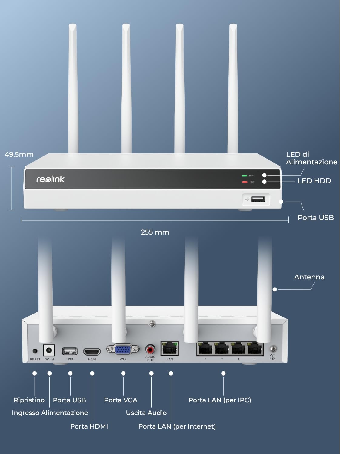 Reolink 4K NVR Wi-Fi 6, 12 Canali con 2TB HDD, Videoregistratore Cablato Supporta Telecamera Esterno & Interno RLN12W