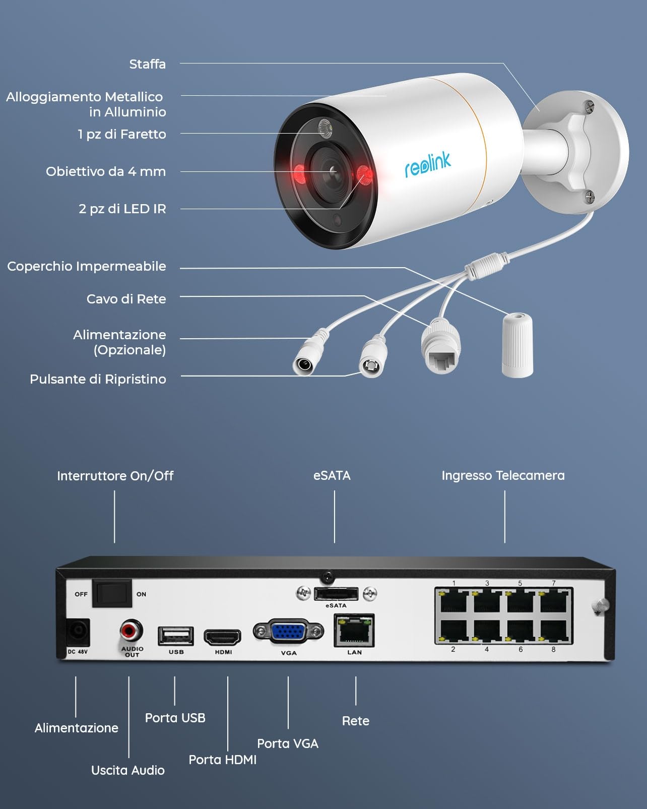 Reolink 12MP Kit Videosorveglianza PoE, NVR 8CH 2TB e 4X Telecamera Esterno Interno RLK8-1200B4-A