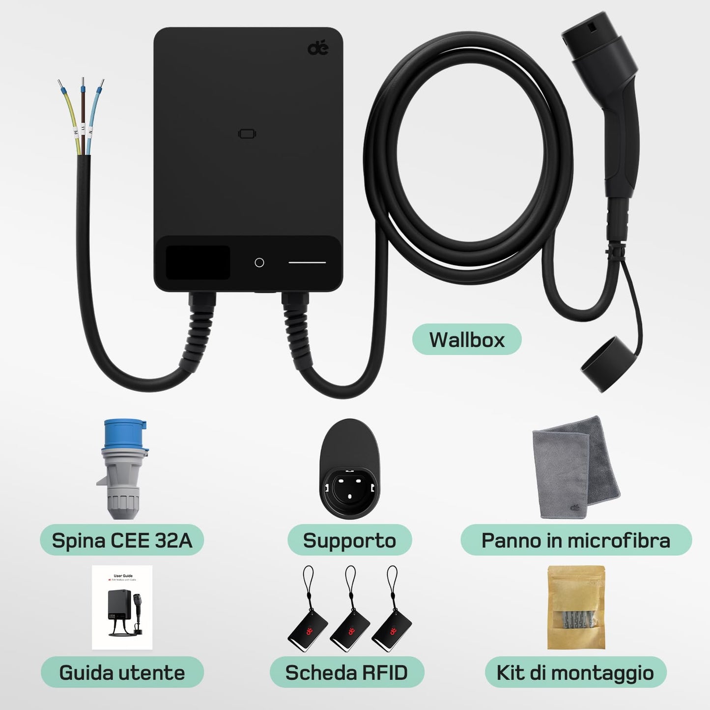 dé Wallbox 7,4kW Tipo 2 [10m, 6-32A, Monofase] Colonnina Ricarica Auto Elettrica con APP e RFID per byd e altri