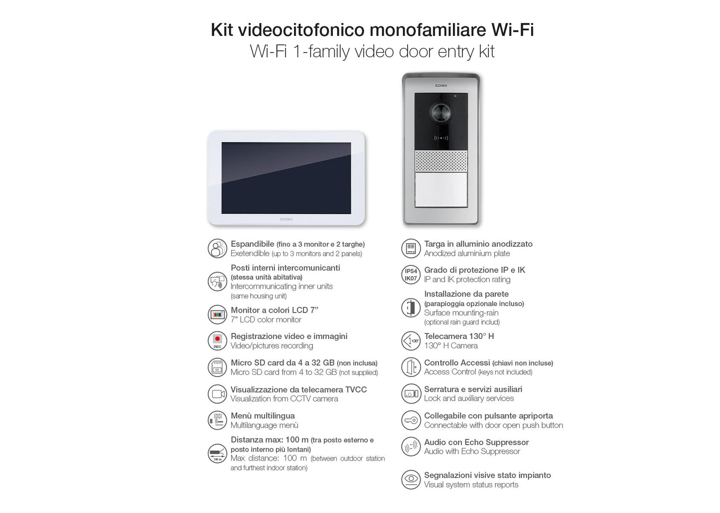 VIMAR K42935 Kit videocitofono monofamilare da parete touch screen vivavoce a colori LCD 7", alimentatore barra DIN, targa audiovideo RFID