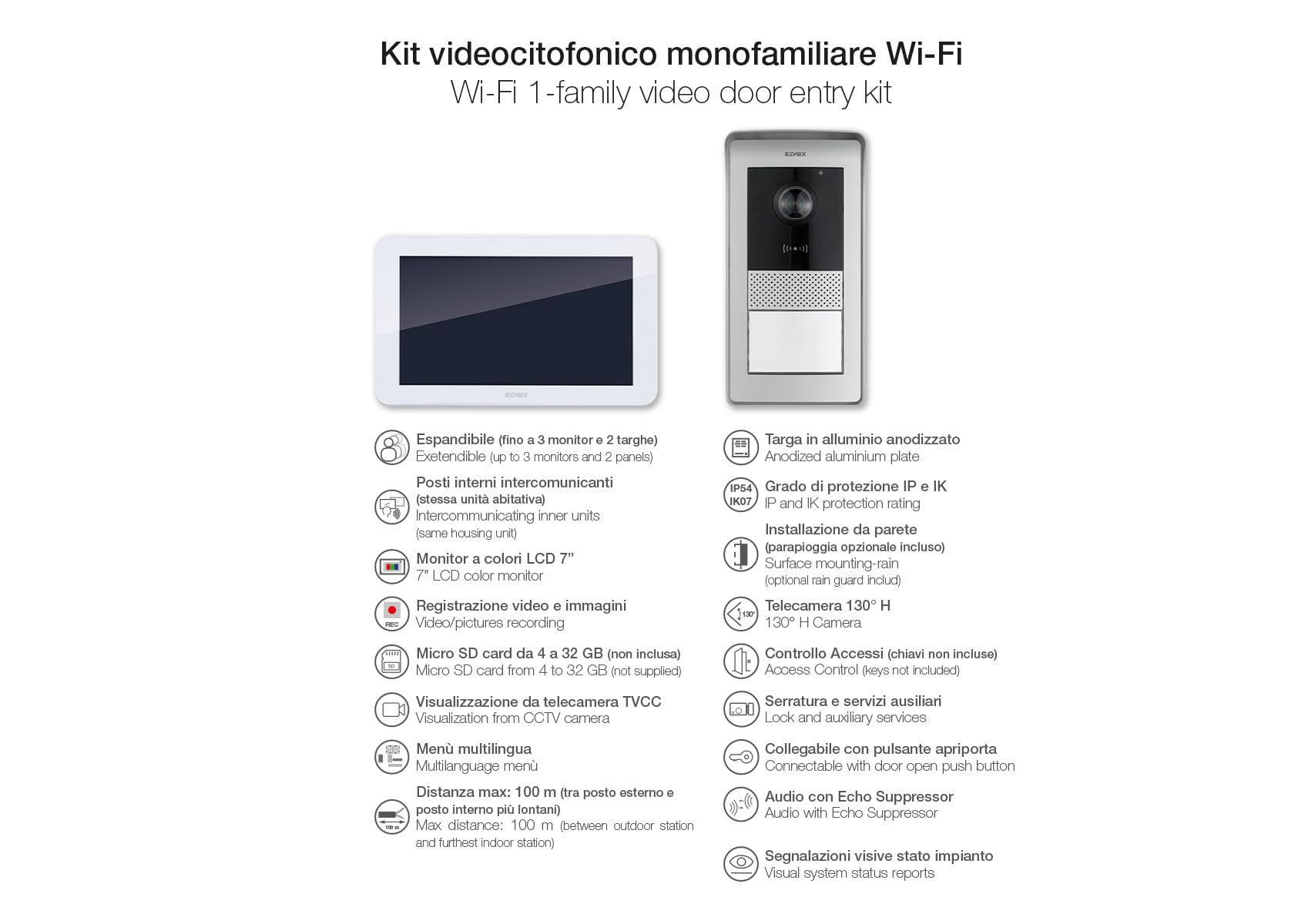 VIMAR K42935 Kit videocitofono monofamilare da parete touch screen vivavoce a colori LCD 7", alimentatore barra DIN, targa audiovideo RFID