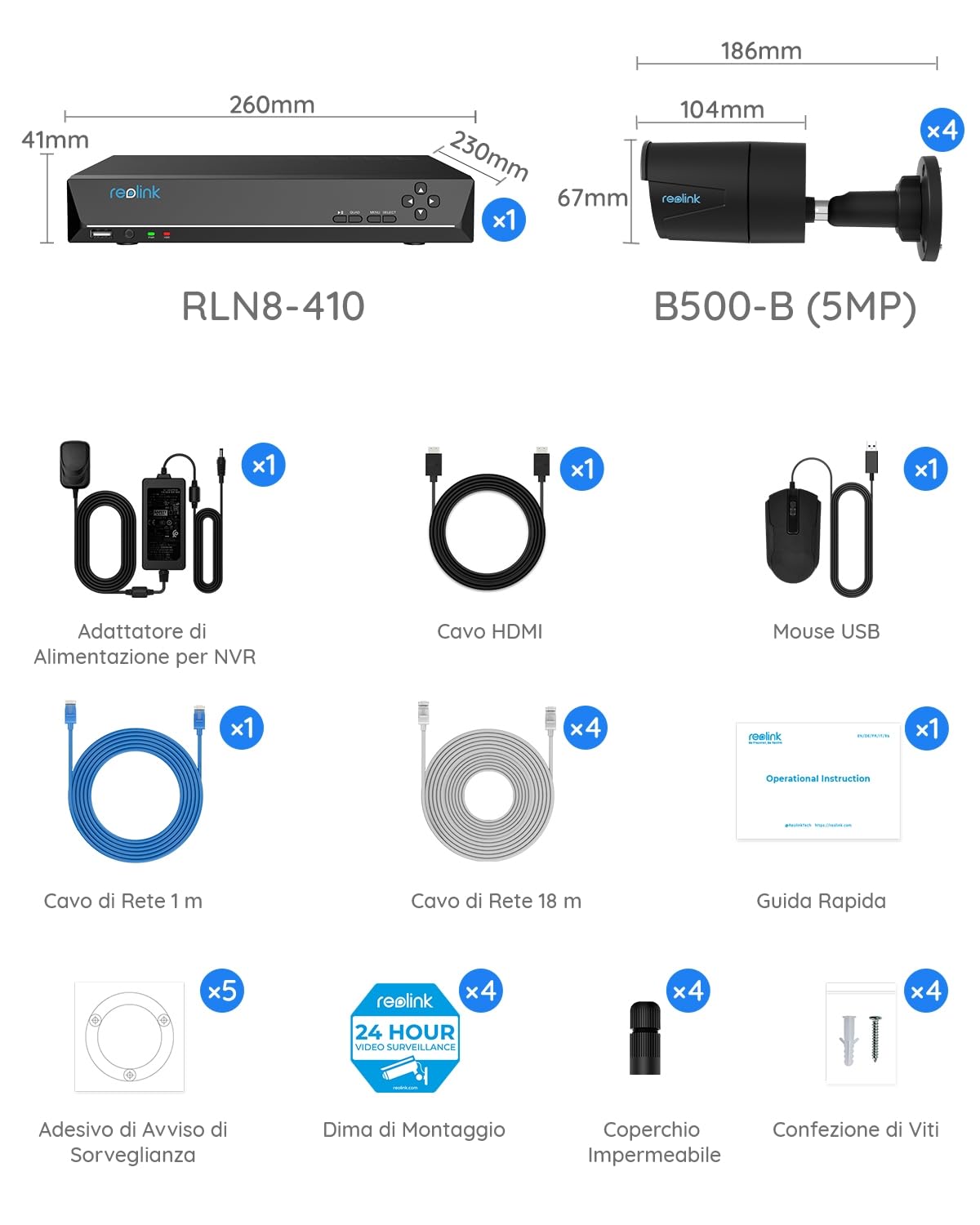 Reolink 5MP PoE Kit Videosorveglianza Esterno, 4K NVR 8CH 2TB + 4x 5MP Telecamera RLK8-410B4-5MP