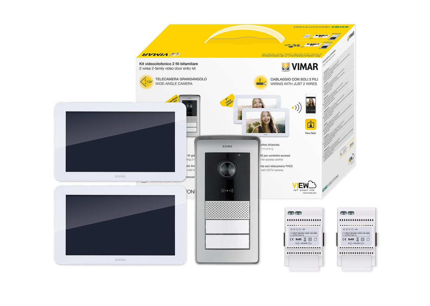 VIMAR K42956 Kit videocitofono multifamiliare touch screen vivavoce, Wifi, alimentatore barra DIN, targa audiovideo con lettore RFID e 2 pulsanti