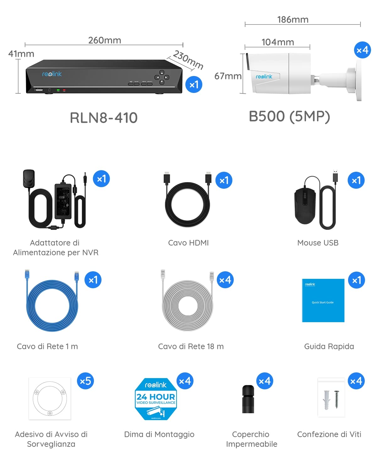 Reolink 5MP PoE Kit Videosorveglianza Esterno, 4K NVR 8CH 2TB + 4x 5MP Telecamera RLK8-410B4-5MP