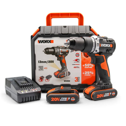 Worx WX352 Trapano avvitatore con percussione brushless 60nm-20V con 2.0 batterie da 2.0Ah