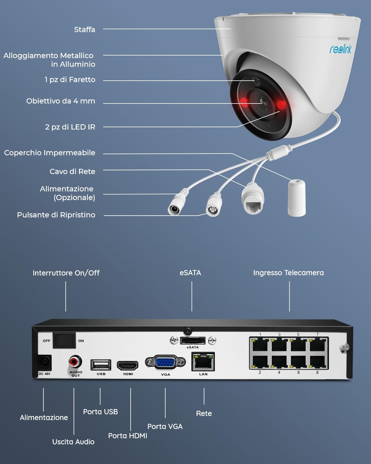 Reolink 12MP Kit Videosorveglianza PoE, NVR 8CH 2TB e 4X Telecamera Esterno Interno RLK8-1200D4-A