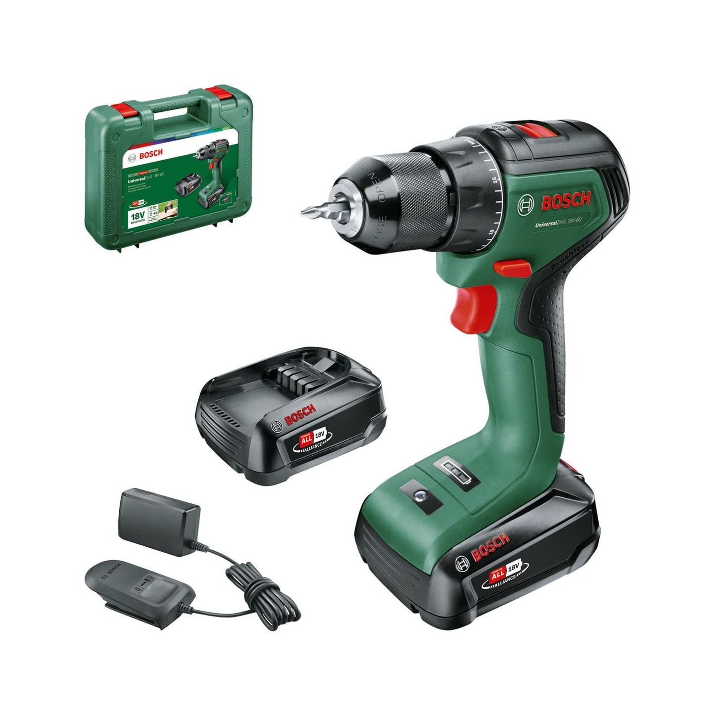 Bosch Trapano avvitatore a batteria UniversalDrill 18V-60 (2 batterie da 2,0 Ah, sistema 18 Volt, in valigetta)