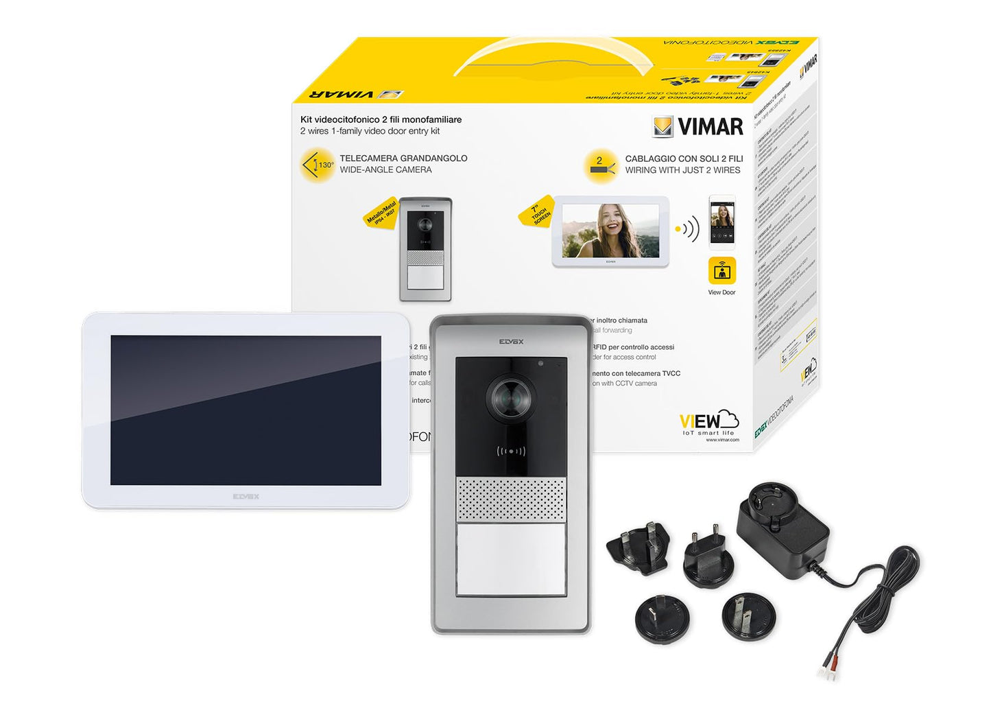 VIMAR K42945 Kit videocitofono WIFI monofamiliare, touch screen vivavoce, Alimentatore Barra DIN, targa audiovideo RFID, staffe per fissaggi