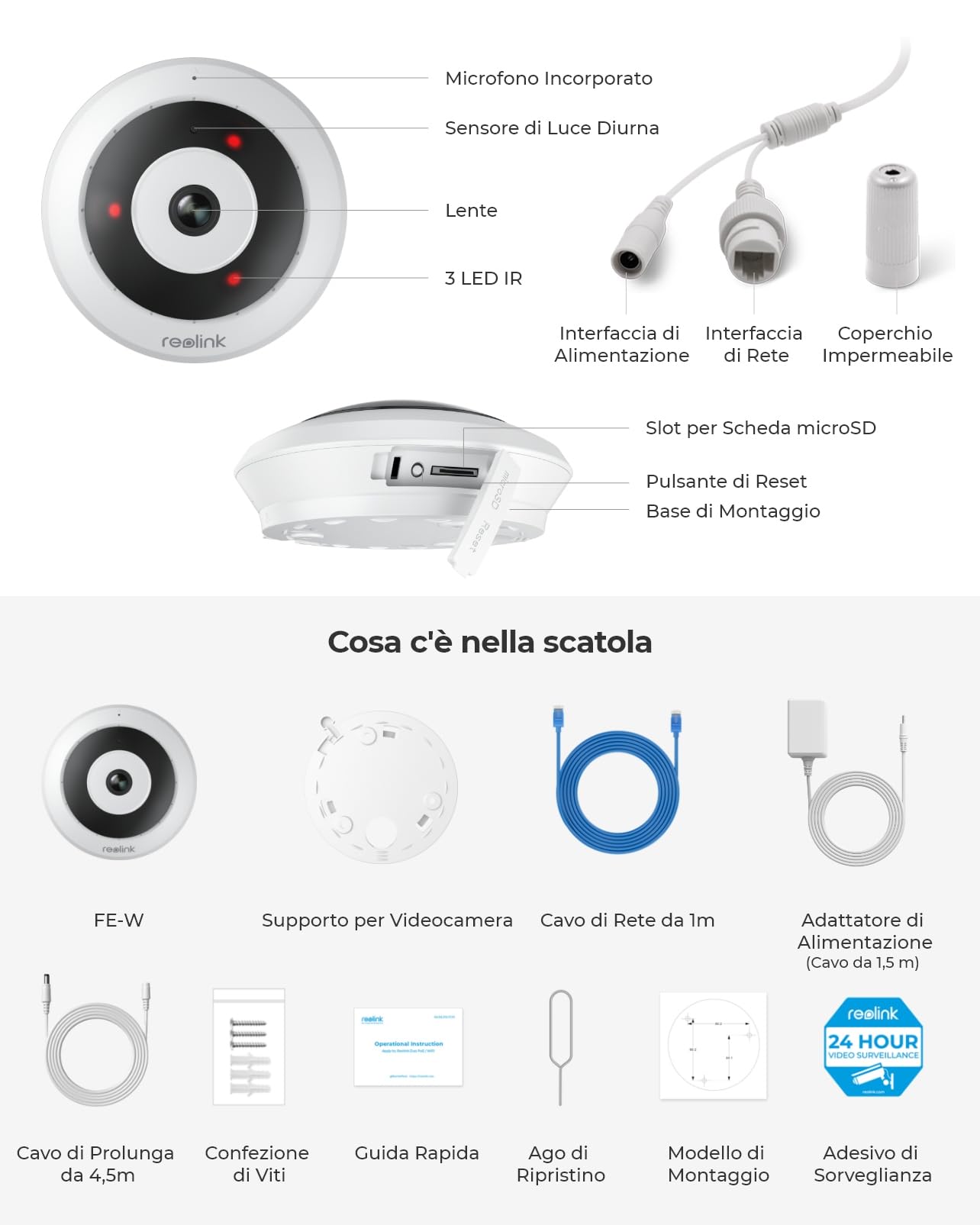 Reolink 2K+ Telecamera WiFi Interno con Panorama a 360°, Telecamera Fisheye Wi-Fi 2.4/5GHz