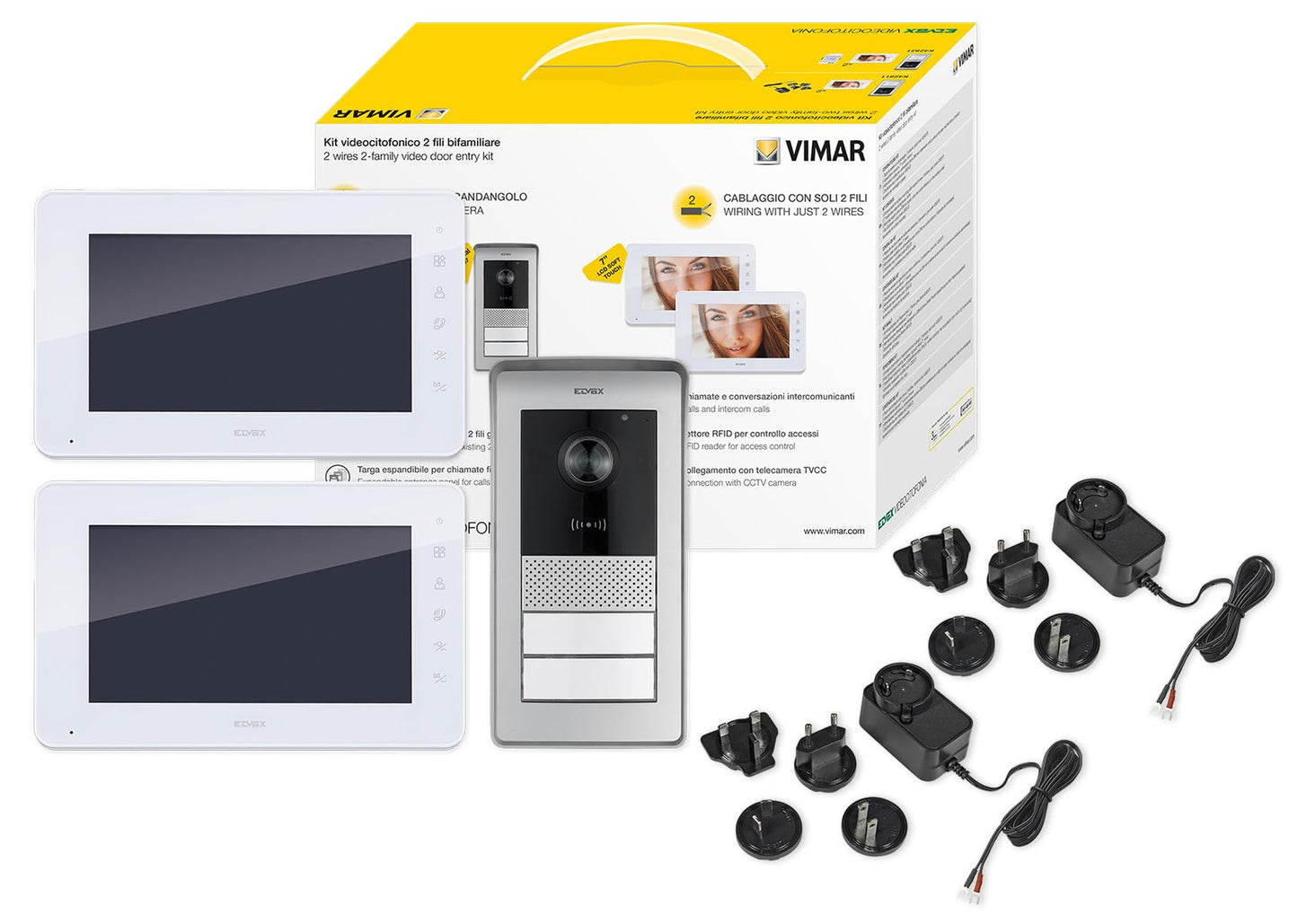 VIMAR K42911 Kit videocitofono multifamiliare con 2 videocitofoni, targa con lettore RFID con 2 pulsanti