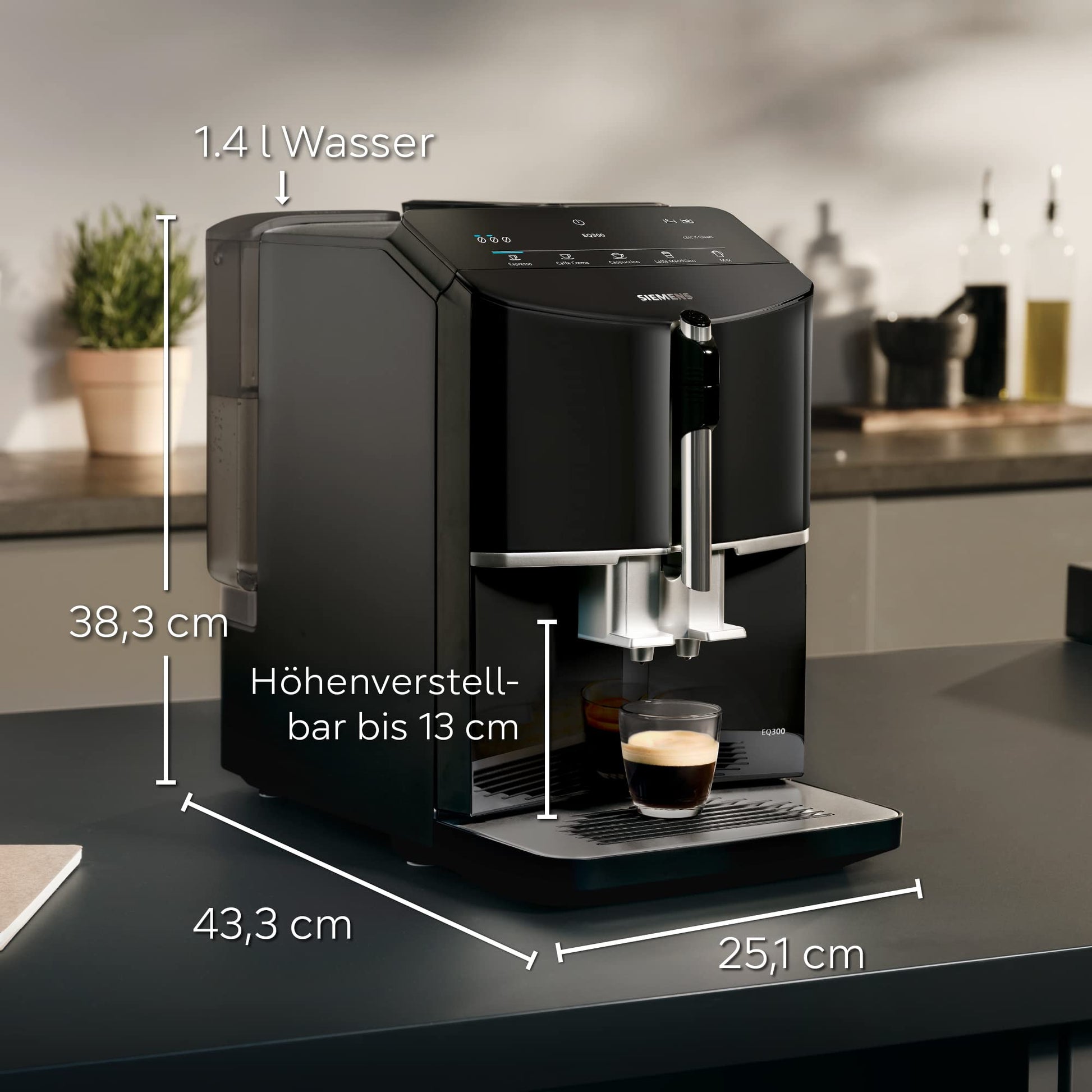 Siemens Macchina da caffè EQ300 TF301E19 funzione OneTouch, 1300 W, colore nero