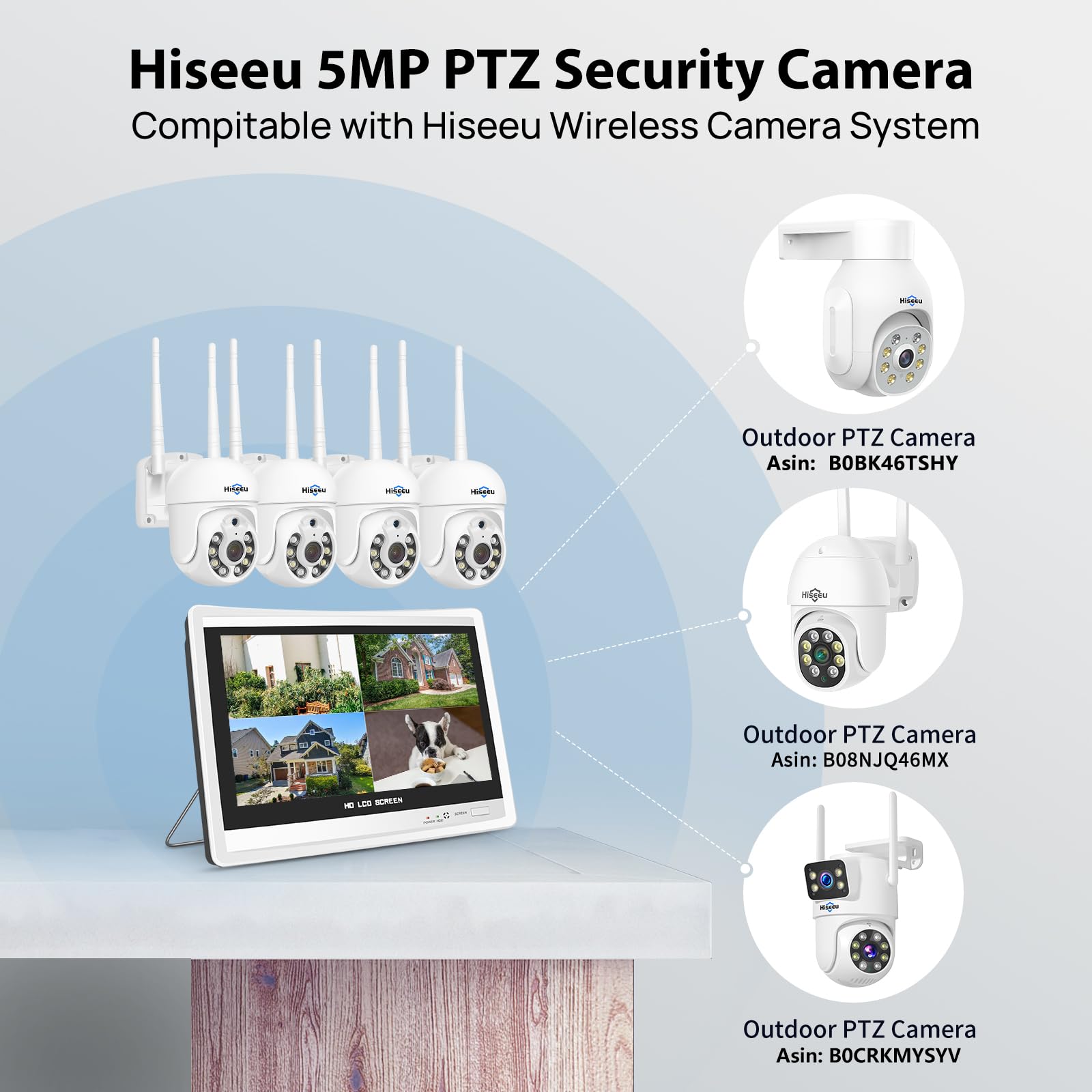 5MP PTZ+3TB HDD】Hiseeu 5MP Kit Videosorveglianza PTZ WiFi Esterno con 12" LCD Monitor,10CH NVR 4X5MP PTZ Telecamera