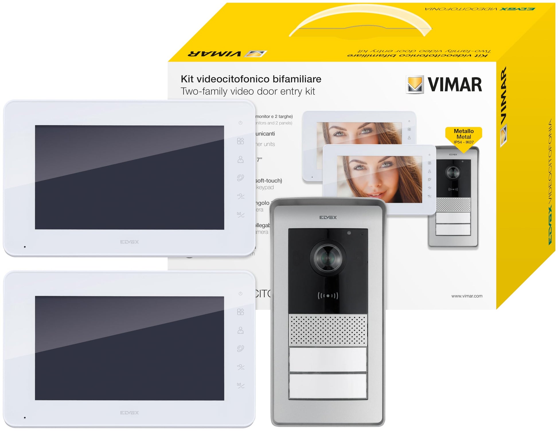 VIMAR K42911 Kit videocitofono multifamiliare con 2 videocitofoni, targa con lettore RFID con 2 pulsanti