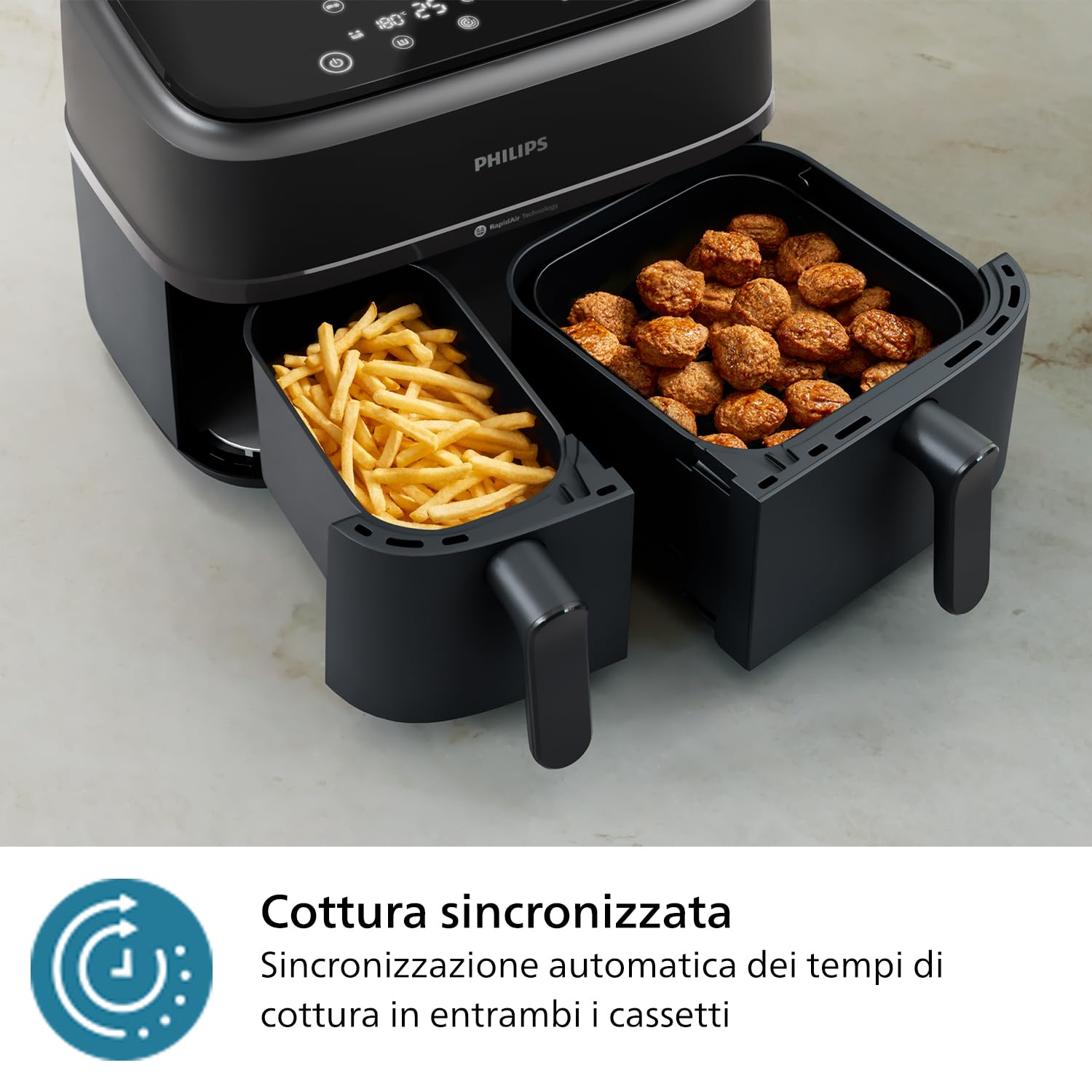 Philips Airfryer Serie 3000 con doppio cestello, 9L, Friggitrice ad aria con 2 cestelli, NA350/00