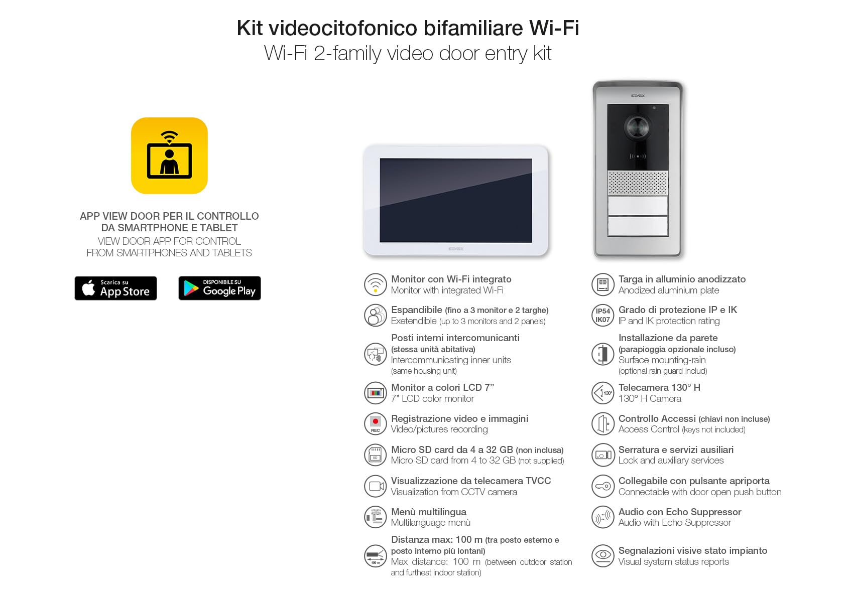 VIMAR K42946 Kit videocitofono WIFI multifamiliare, videocitofoni touch screen, targa lettore RFID 2 pulsanti,