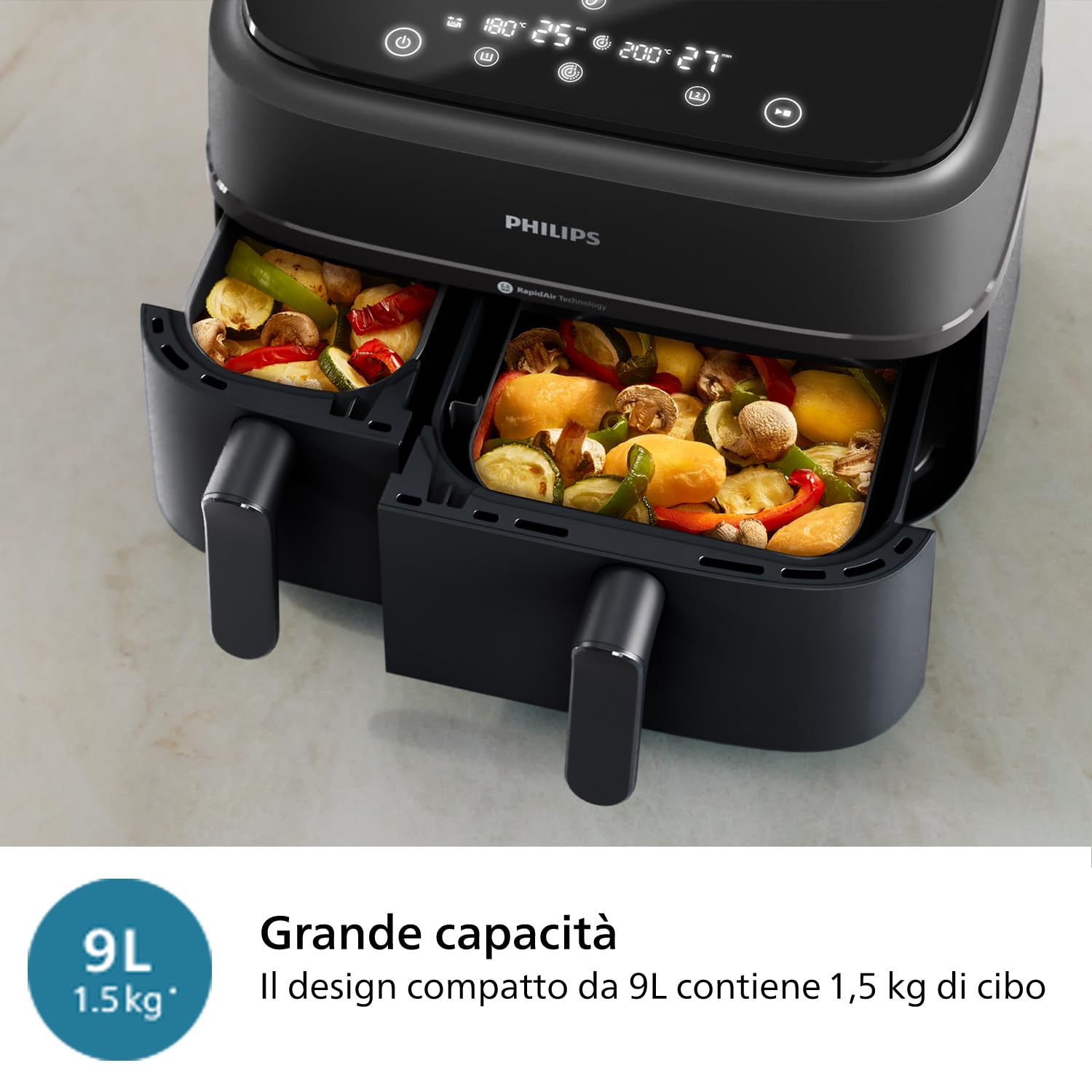 Philips Airfryer Serie 3000 con doppio cestello, 9L, Friggitrice ad aria con 2 cestelli, NA350/00