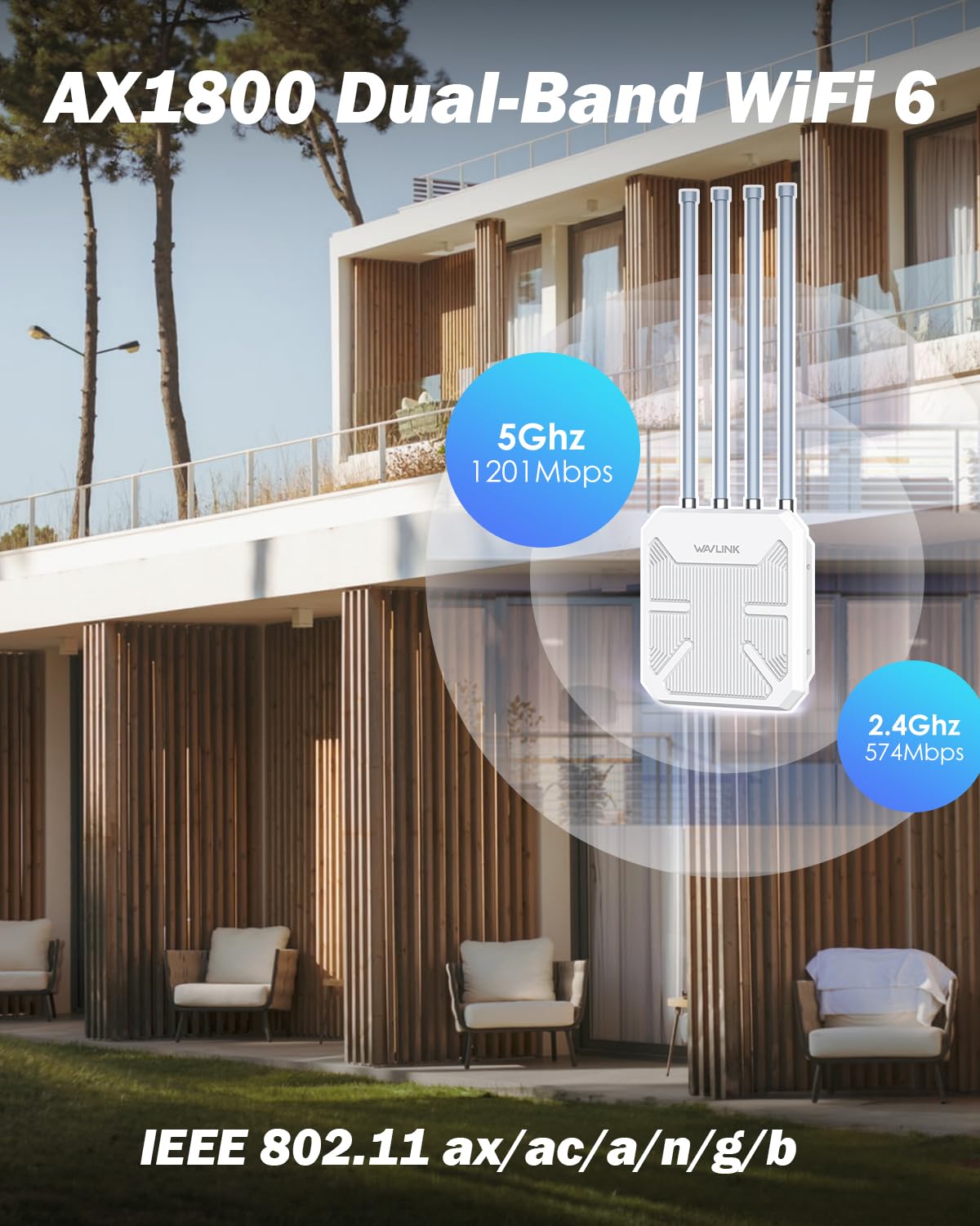 WAVLINK Ripetitore WiFi Potente per Esterno Lunga Distanza 250+ Metri,AX1800 Mesh Router