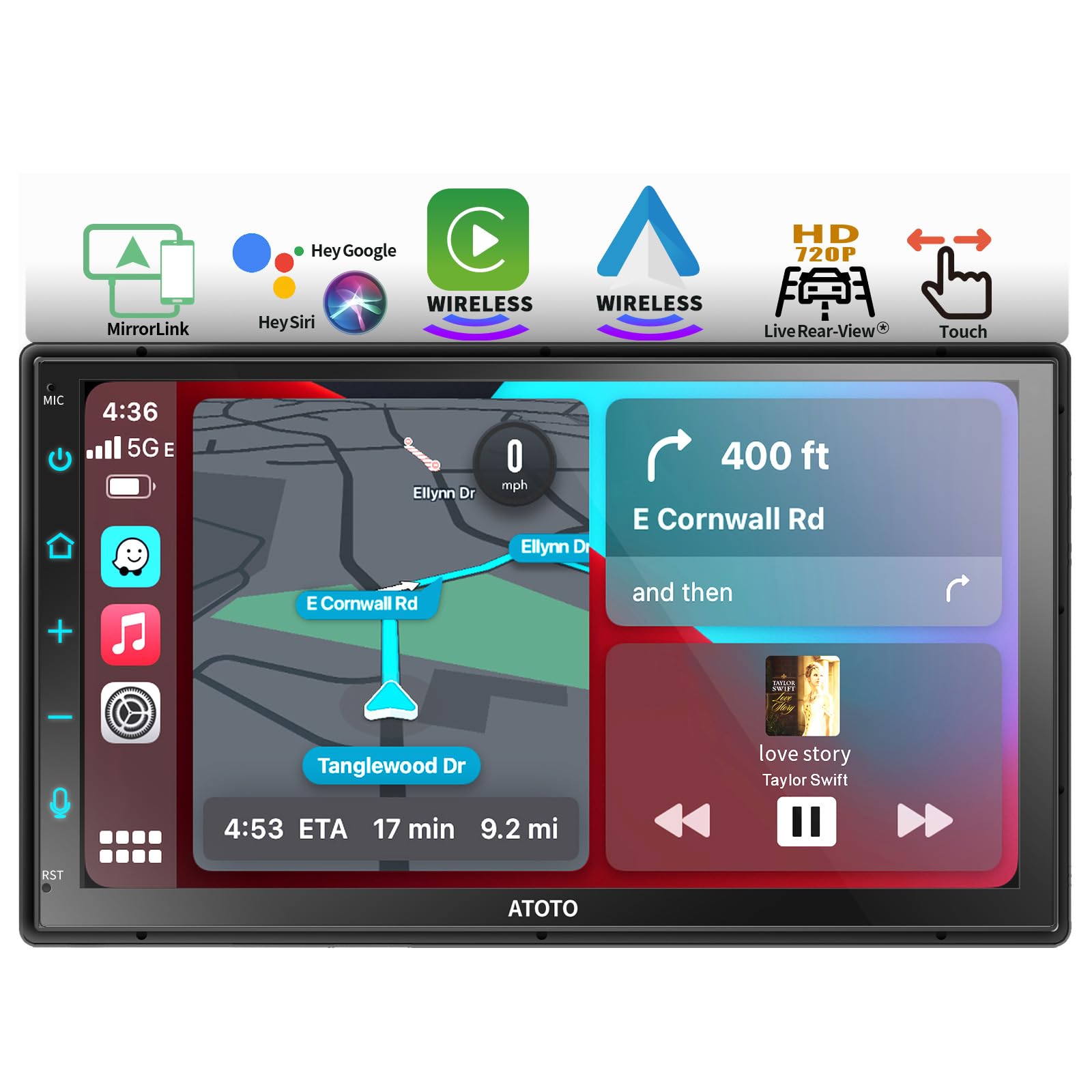 TOTO F7WE Autoradio 2 Din con 7" Schermo Touchscreen, CarPlay senza fili e Android Auto F7G2B7WE