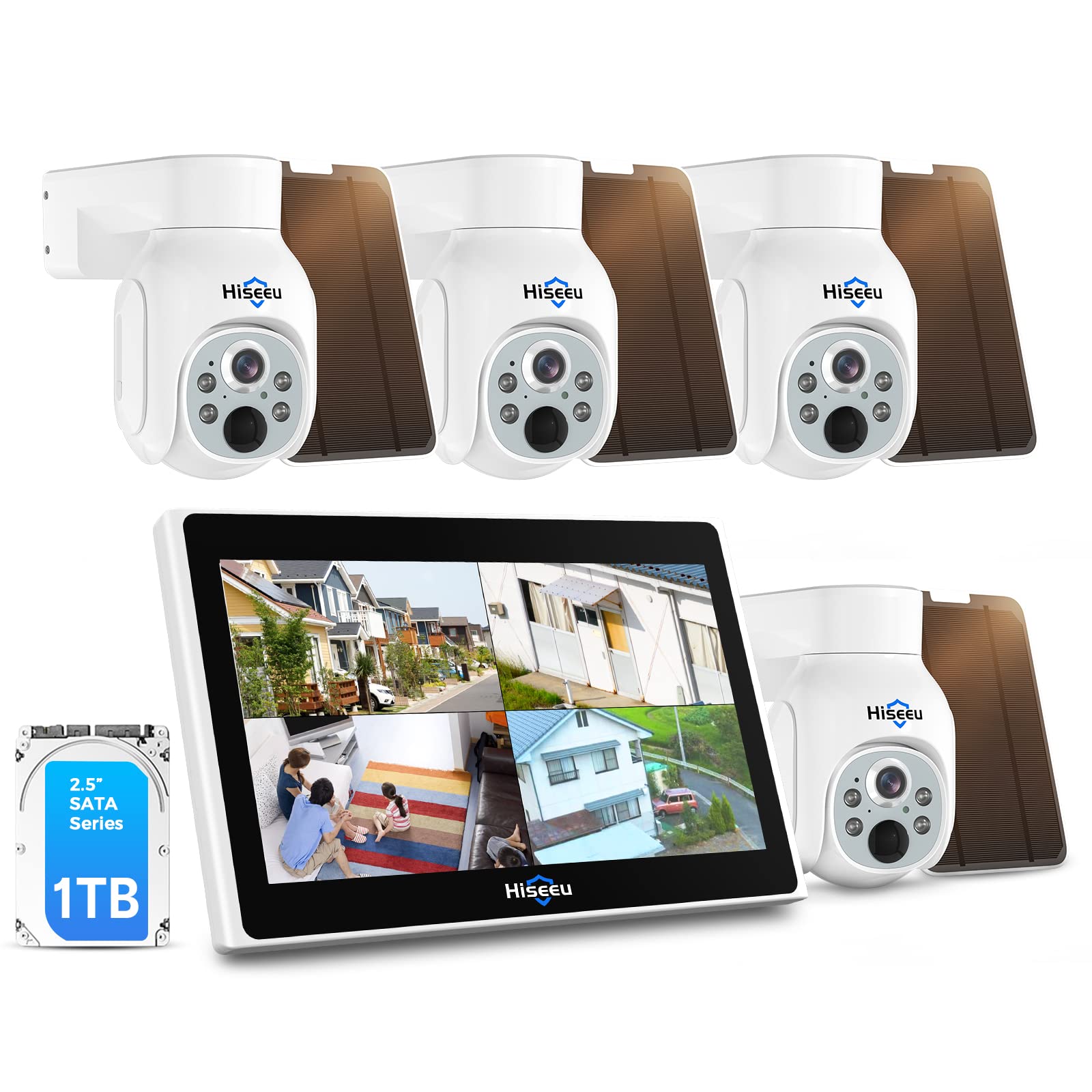 100% Senza Fili+PTZ】Hiseeu Kit Videosorveglianza WiFi Solare Esterno con 10" Monitor, 10CH NVR 4X4MP Telecamera