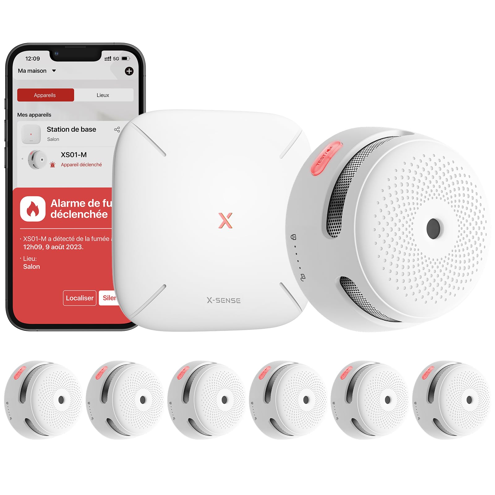 Rivelatore di fumo Wi-Fi X-Sense, kit di sicurezza domestica con stazione base SBS50,